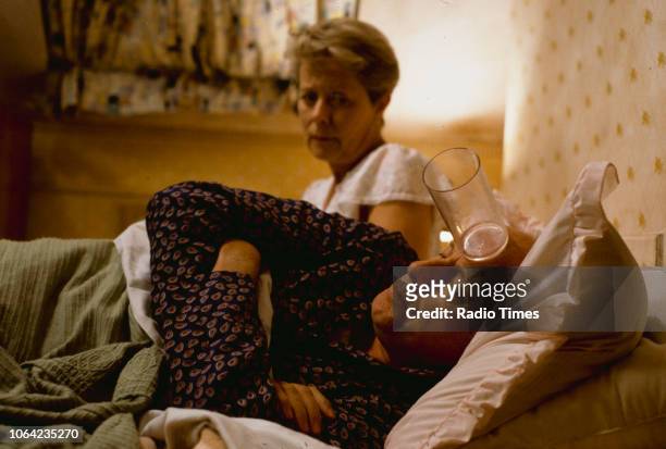 Actors Annette Crosbie and Richard Wilson in a bedroom scene from episode 'Love and Death' of the BBC Television sitcom 'One Foot in the Grave',...