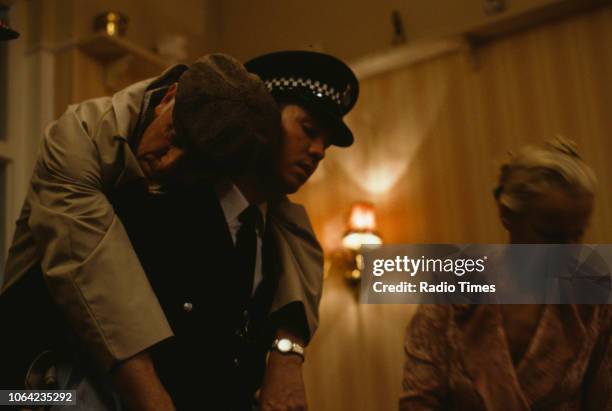Actors Richard Wilson, Paul Mari and Georgina Hale in a scene from episode 'Love and Death' of the BBC Television sitcom 'One Foot in the Grave',...