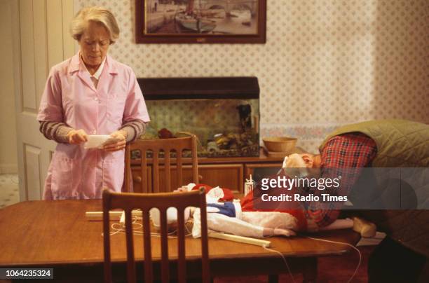 Actors Richard Wilson and Annette Crosbie in a scene from episode 'The Wisdom of the Witch' of the BBC Television sitcom 'One Foot in the Grave',...