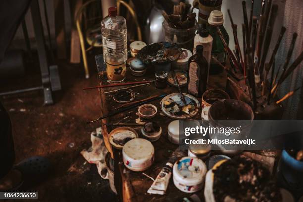 messy desk - art studio stock pictures, royalty-free photos & images