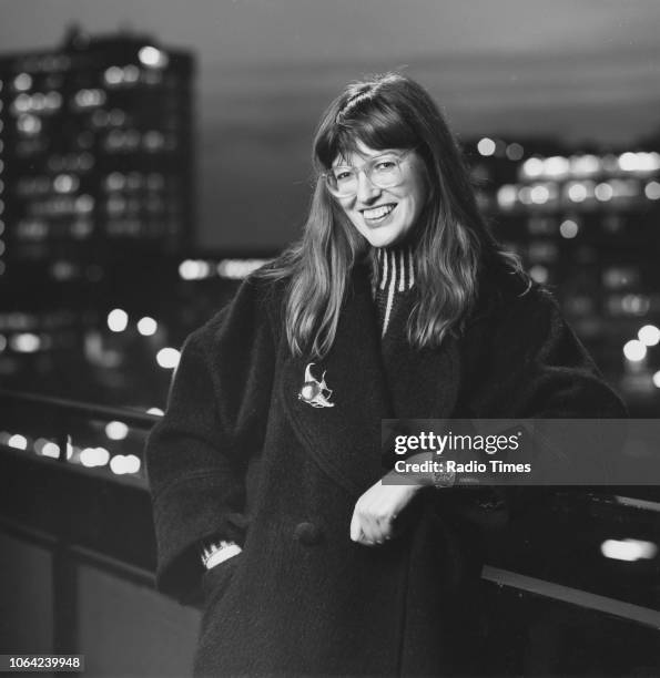 Portrait of media personality Janet Street-Porter on a rooftop, 1989.