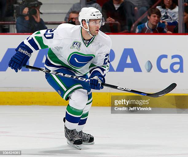 Ryan Parent of the Vancouver Canucks skates up ice during their game against the Colorado Avalanche at Rogers Arena on October 26, 2010 in Vancouver,...