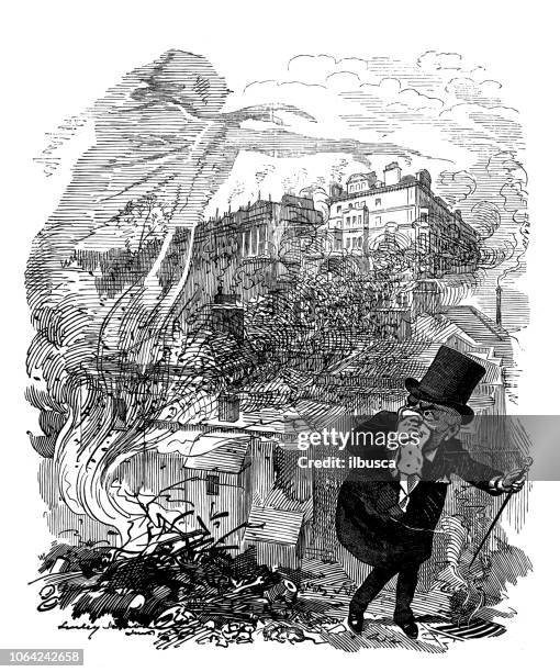 british london satire caricatures comics cartoon illustrations: fire - unpleasant smell stock illustrations