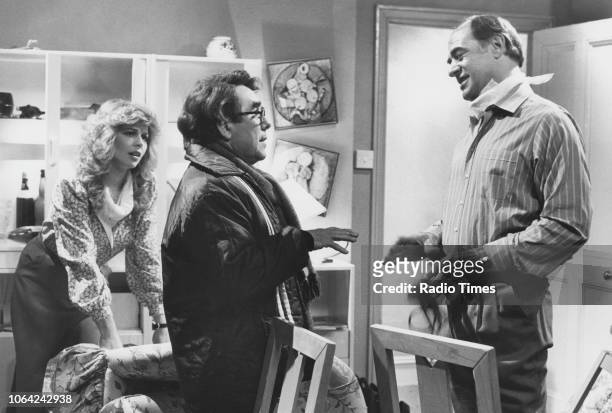 Actors Ronnie Corbett and David Daker in a scene from episode 'The Primal Scene, So to Speak' of the television sitcom 'Sorry!', March 30th 1986.
