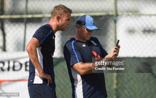 England bowler Stuart Broad and bowling coach Chris Silverwood consult some mobile phone footage during England Nets ahead of the 3rd Test Match at...