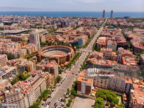 streets of barcelona from above at diagonal avenue looking at old plaza de toros - plaza de toros barcelona stock pictures, royalty-free photos & images
