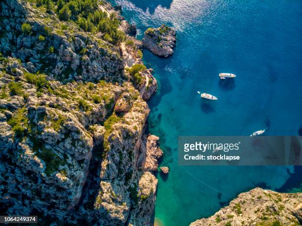 aerial view of sa calobra beach in mallorca - mediterranean sea stock pictures, royalty-free photos & images