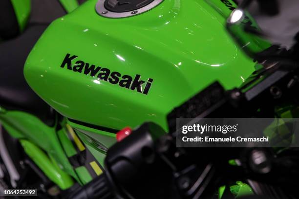 Detail of a Kawasaki Ninjia motorcycle is pictured during the 76th edition of EICMA on November 6, 2018 in Milan, Italy. EICMA is an international...