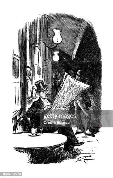 british london satire caricatures comics cartoon illustrations: reading newspaper - late night coffee stock illustrations