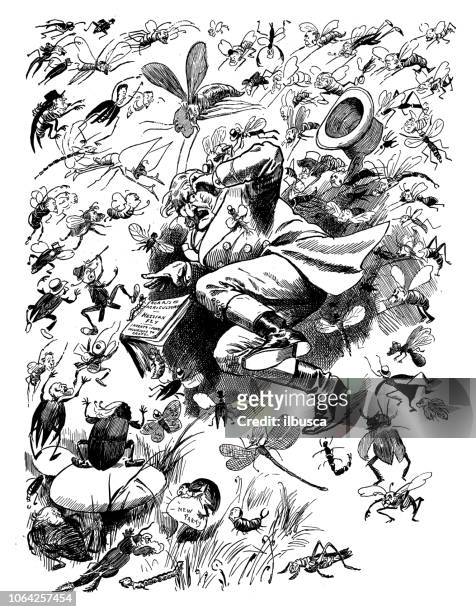 ilustrações, clipart, desenhos animados e ícones de sátira britânica londres caricatura de quadrinhos desenhos animados ilustrações: ataque de inseto - mosquito