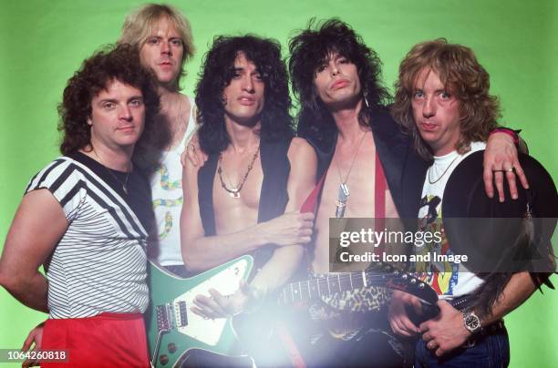 Drummer Joey Kramer, guitarist Brad Whitford, guitarist Joe Perry, singer Steven Tyler and bassist Tom Hamilton of the rock group Aerosmith pose for...