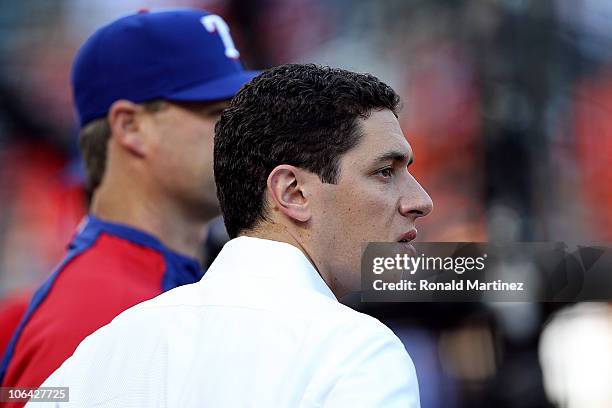 General Manager Jon Daniels of the Texas Rangers looks on during batting practice against the San Francisco Giants in Game Five of the 2010 MLB World...