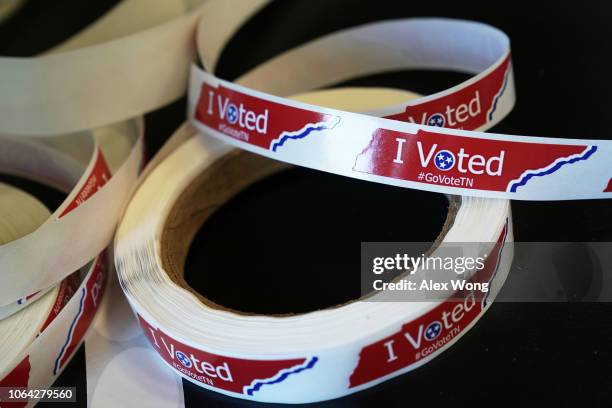 Voted" stickers are seen at a polling station at the John P. Holt Brentwood Library on Election Day November 6, 2018 in Brentwood, Tennessee. Turnout...