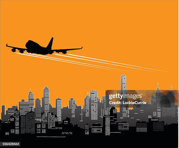 plane taking off against an orange and gray cityscape - engine light stock illustrations