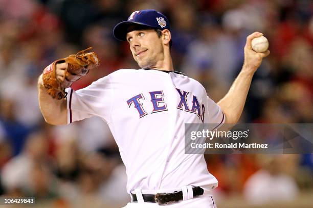 Cliff Lee of the Texas Rangers pitches against the San Francisco Giants in Game Five of the 2010 MLB World Series at Rangers Ballpark in Arlington on...