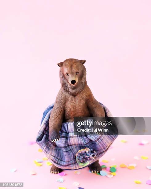 toy grizzly bear in a skirt at a party - dancing bear stock pictures, royalty-free photos & images