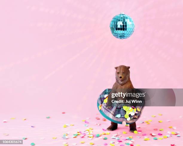 toy grizzly bear in a skirt at a party - dancing bear stock pictures, royalty-free photos & images