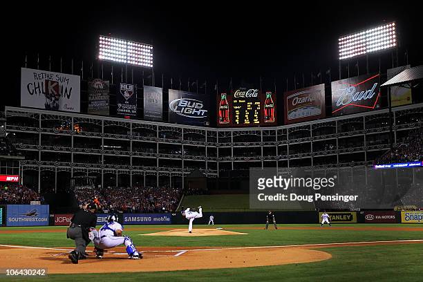 Cliff Lee of the Texas Rangers pitches against the San Francisco Giants in Game Five of the 2010 MLB World Series at Rangers Ballpark in Arlington on...