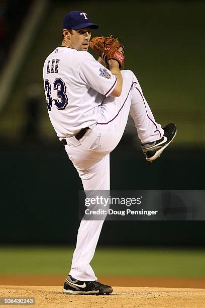 Cliff Lee of the Texas Rangers pitches against the San Francisco Giants in Game Five of the 2010 MLB World Series at Rangers Ballpark in Arlington on...