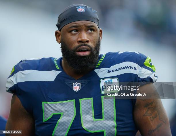 Patch honoring team owner Paul Allen is seen on the jersey of offensive tackle George Fant of the Seattle Seahawks prior to the game against the Los...