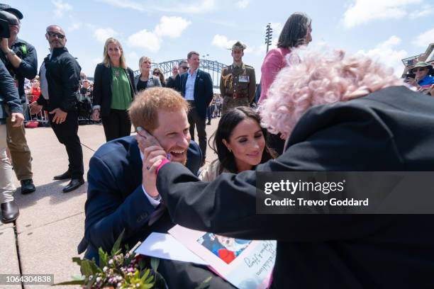 Prince Harry, Duke of Sussex and Meghan, Duchess of Sussex greet Daphne Dunne at Sydney Opera House on October 16, 2018 in Sydney, Australia. The...