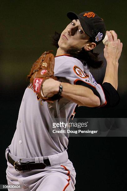 Starting pitcher Tim Lincecum of the San Francisco Giants pitches against the Texas Rangers in Game Five of the 2010 MLB World Series at Rangers...