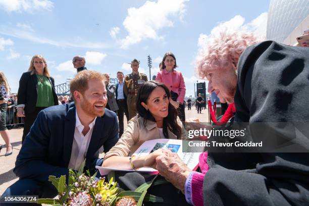 Prince Harry, Duke of Sussex and Meghan, Duchess of Sussex greet Daphne Dunne at Sydney Opera House on October 16, 2018 in Sydney, Australia. The...