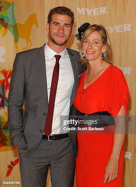 Liam Hemsworth and his mother Leonie Hemsworth attend the Myer marquee during Emirates Melbourne Cup Day at Flemington Racecourse on November 2, 2010...