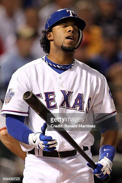 Elvis Andrus of the Texas Rangers reacts after he struck out to end the third inning against the San Francisco Giants in Game Five of the 2010 MLB...
