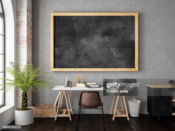 work space with blackboard - chalkboard wall stock pictures, royalty-free photos & images