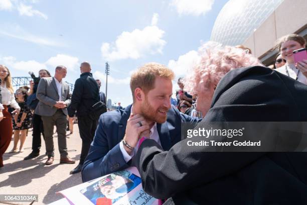 Prince Harry, Duke of Sussex and Meghan, Duchess of Sussex greet Daphne Dunne at Sydney Opera House on October 16, 2018 in Sydney, Australia. The...