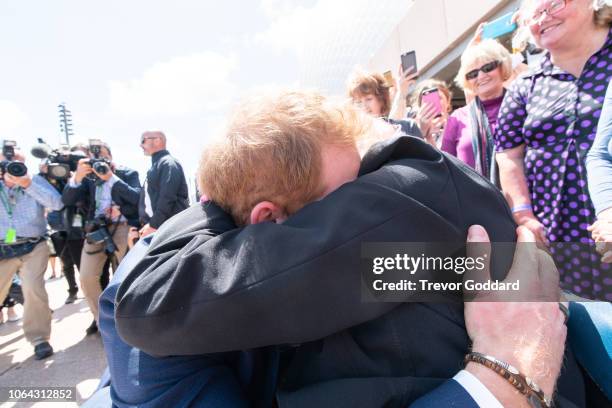 Prince Harry, Duke of Sussex and Meghan, Duchess of Sussex greet Daphne Dunne at Sydney Opera House on October 16, 2018 in Sydney, Australia. The...