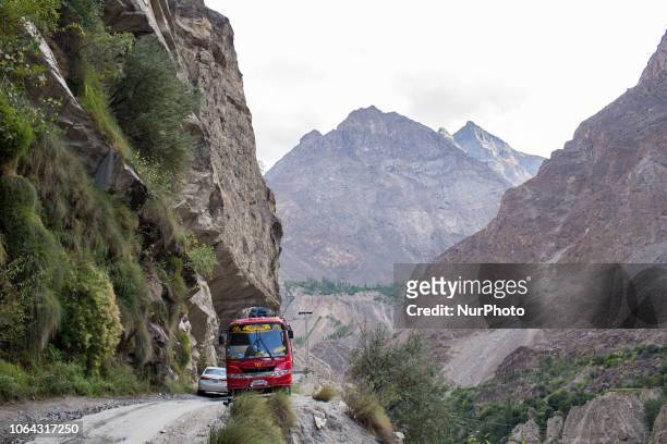 Gilgit, Pakistan, 26 September 2018. A decorated truck on the GilgitSkardu Road. Also called the Strategic Highway, the GilgitSkardu Road is a...