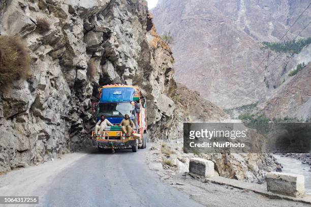 Gilgit, Pakistan, 26 September 2018. A decorated truck on the GilgitSkardu Road. Also called the Strategic Highway, the GilgitSkardu Road is a...