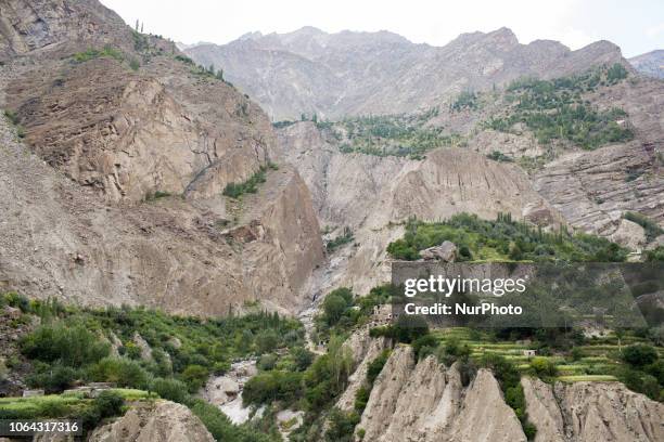 Gilgit, Pakistan, 26 September 2018. A view of the terraces and dwelling on the other side of the Indus Valley from the Gilgit-Skardu road. Also...