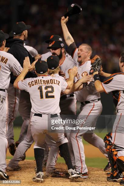 The San Francisco Giants celebrate their 3-1 victory to with the World Series over the Texas Rangers in Game Five of the 2010 MLB World Series at...
