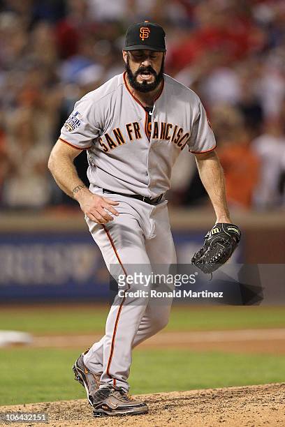 Brian Wilson of the San Francisco Giants celebrates the Giants' 3-1 victory to win the World Series over the Texas Rangers in Game Five of the 2010...