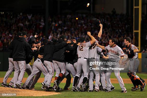 The San Francisco Giants celebrate after they won 3-1 against the Texas Rangers in Game Five of the 2010 MLB World Series at Rangers Ballpark in...