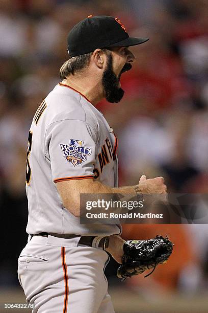 Brian Wilson of the San Francisco Giants celebrates after the Giants won 3-1 against the Texas Rangers in Game Five of the 2010 MLB World Series at...