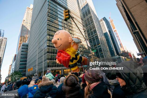 Charlie Brown float over the crowd during the 92nd Annual Macy's Thanksgiving Day Parade on November 22 in New York.