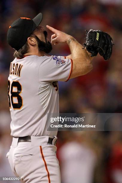 Brian Wilson of the San Francisco Giants celebrates after the Giants won 3-1 against the Texas Rangers in Game Five of the 2010 MLB World Series at...