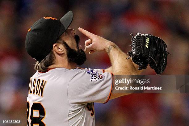 Brian Wilson of the San Francisco Giants celebrates after the Giants won 3-1 against the Texas Rangers in Game Five of the 2010 MLB World Series at...