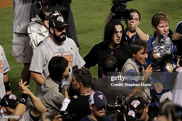 Brian Wilson and Tim Lincecum of the San Francisco Giants celebrates after the Giants won 3-1 against the Texas Rangers in Game Five of the 2010 MLB...