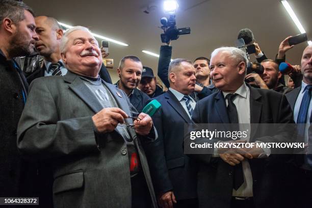 Polish Nobel Peace prize Lech Walesa and leader of the governing conservative party Jaroslaw Kaczynski meet for the first time in years, in the...