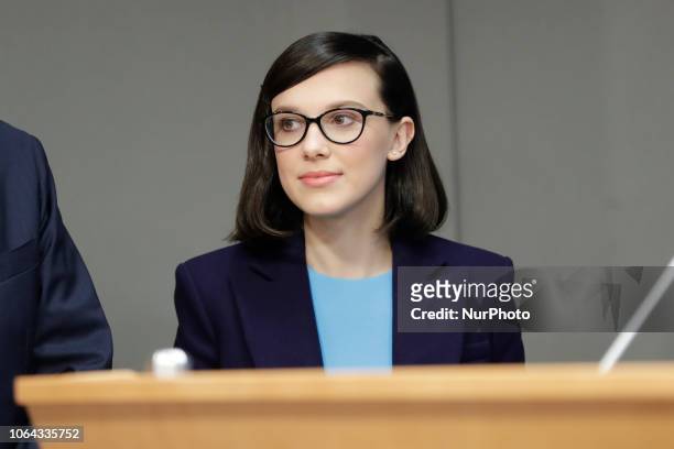 United Nations, New York, November 20 2018 - Actress Millie Bobby Brown briefs press on the importance of empowering children, as part of UNICEFs...