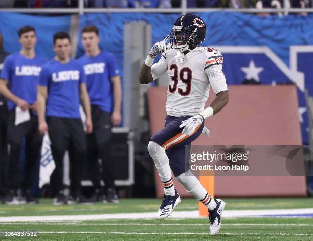 Eddie Jackson of the Chicago Bears celebrates his touchdown after he ran back a Matthew Stafford of the Detroit Lions interception during the fourth...