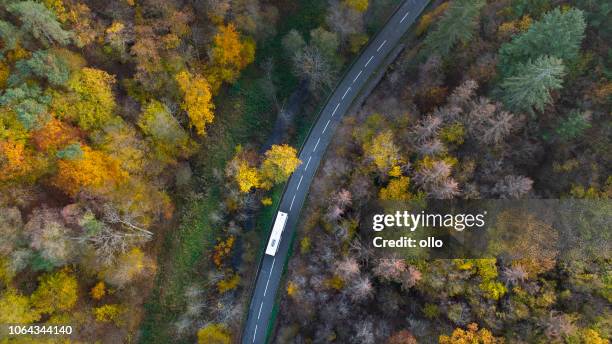 weg door herfst bos - luchtfoto - bus lane stockfoto's en -beelden