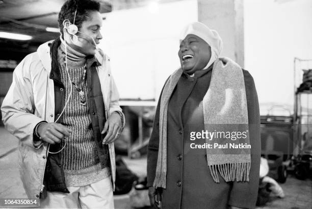 Actress Esther Rolle , right, on the film set for 'The Kid Who Loved Christmas' at Union Station, speaks with a member of the production team in...