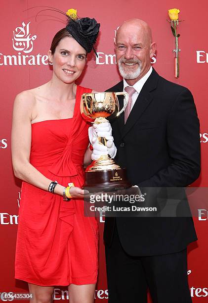 Gary Sweet and Nadia Dyall attend the Emirates marquee during Emirates Melbourne Cup Day at Flemington Racecourse on November 2, 2010 in during...