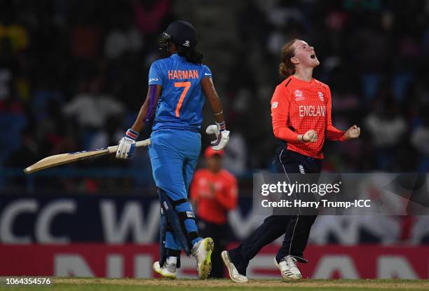 Kirstie Gordon of England celebrates after dismissing Harmanpreet Kaur of India during the ICC Women's World T20 2018 Semi-Final match between...